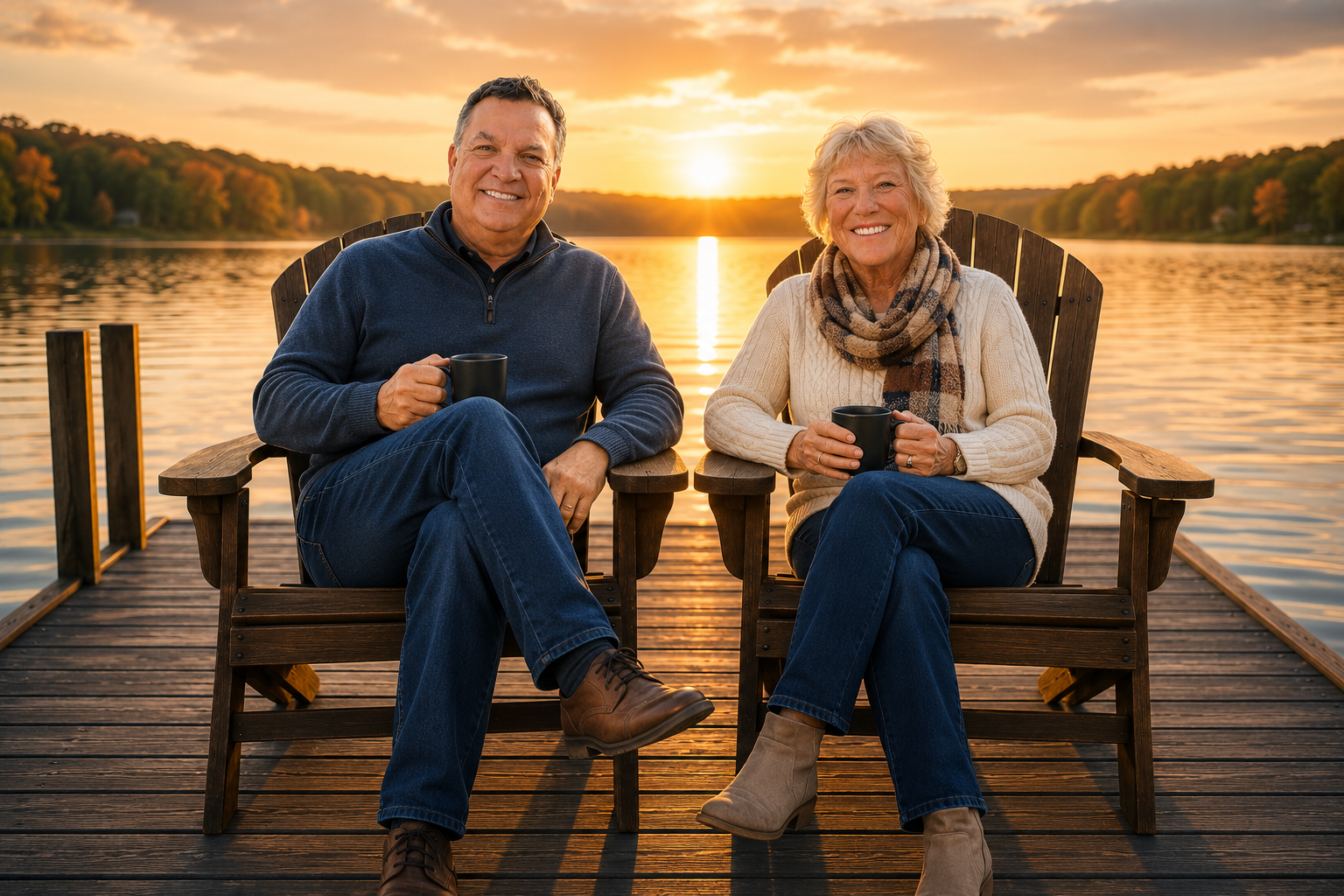 Mike and Sue sitting together on a dock at sunset